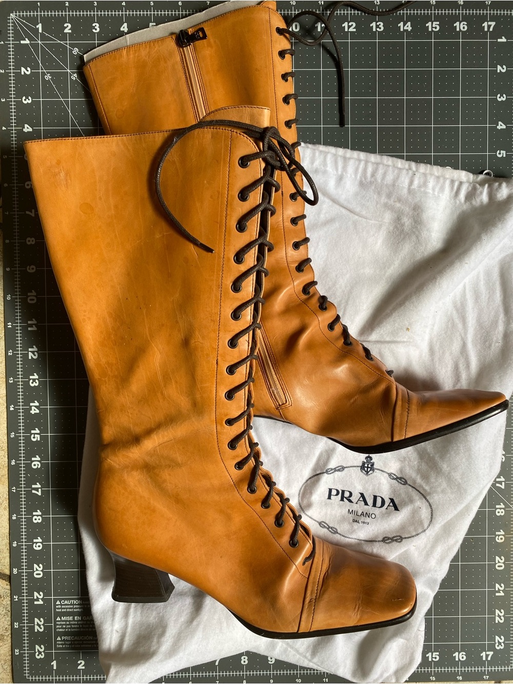 Prada Cognac/Tan Lace-Up Leather Mid-Calf Boots EU 39 / US 9